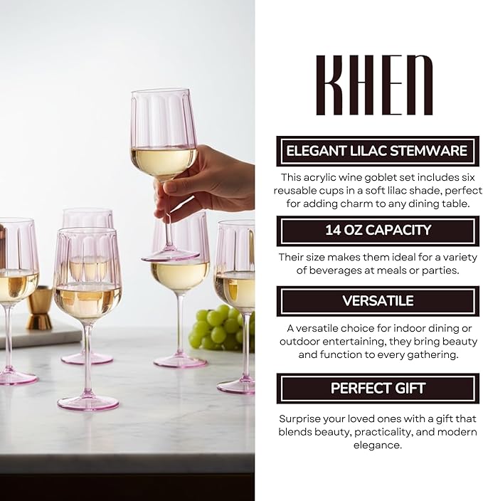 Khen Acrylic Lucia Stemmed Goblets - Unbreakable Wine Glasses Reusable Drinking Cups Dishwasher Safe Elegant Stemware for Cocktail Champagne | Kitchen Bar Party | Set of 6 |14oz | Lilac