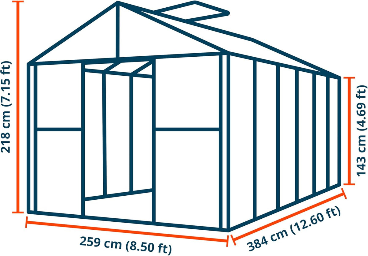 Greenhouse Saphir 6 Aluminum Frame 8.5 x 12.6 ft Approx. 6 mm Polycarbonate Panels - with Bonus Base Frame and Automatic Vent Opener