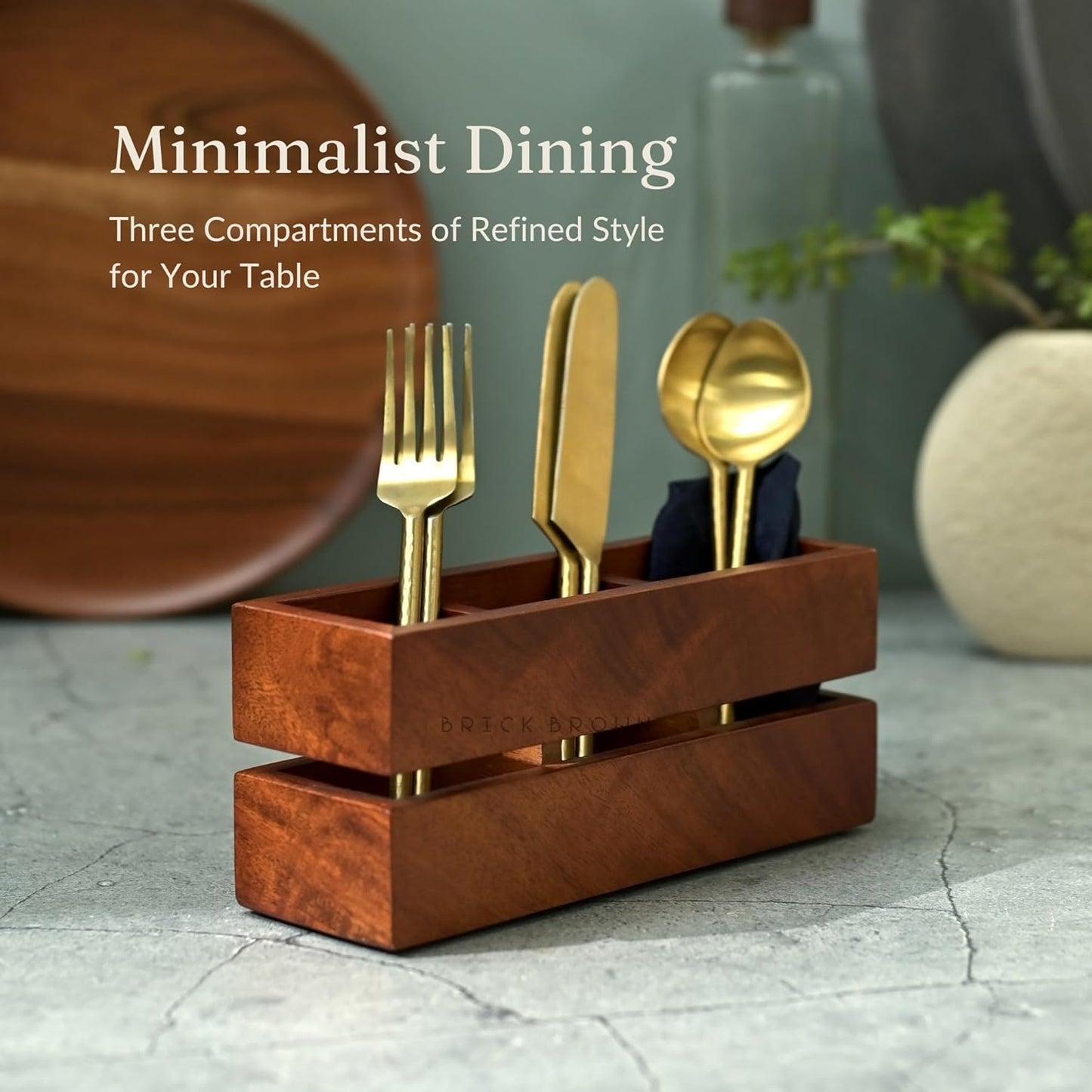 Brick Brown Premium Handcrafted 3-Partition Wooden Cutlery Holder Storage Spoon, Knife, Fork, Chopstick Caddy Self Organizer Stand for Home Kitchen Tableware Restaurant in Mahogany(9.1x3x3.9Inch)