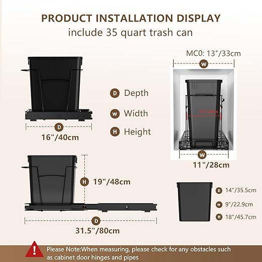 Pull Out Trash Can for Kitchen Cabinets, 35 Qt / 8.75 Gal Under Sink Garbage Bin with Full Extension Slides, Heavy-Duty Steel Frame Requires Minimum 13" W x 22" D Cabinet Opening, Black