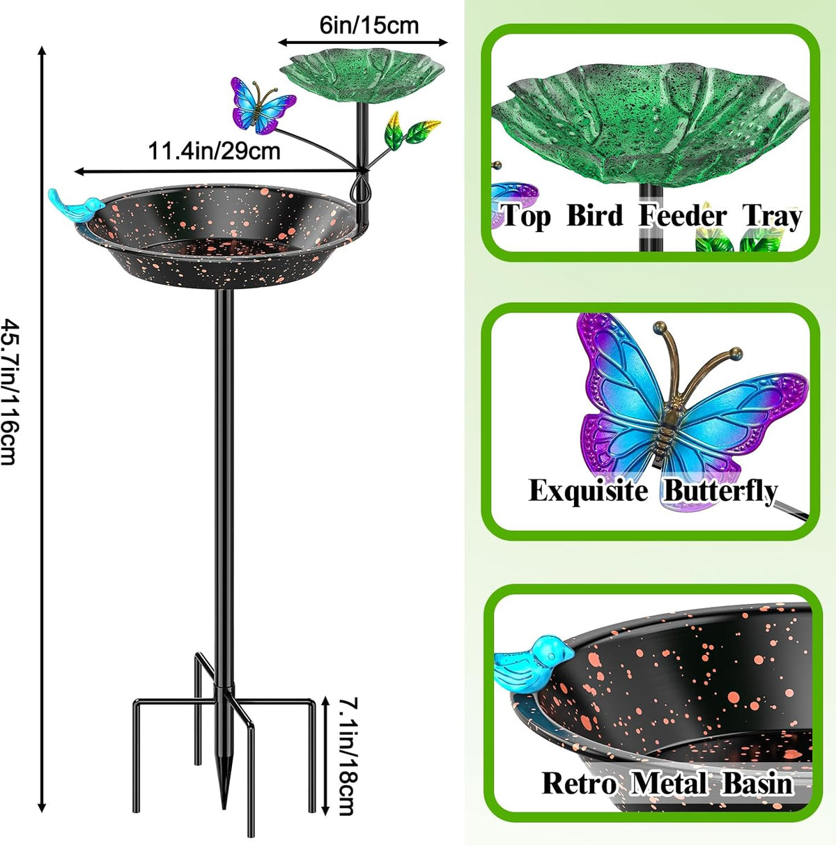 Metal Bird Bath for Outside Garden Birdbath Bowl, Freestanding Bird Feeders for Outdoors with 5 Prongs Base Stake, Standing Birdfeeders Birdbath Bowl for Yard Decor (2-in-1)