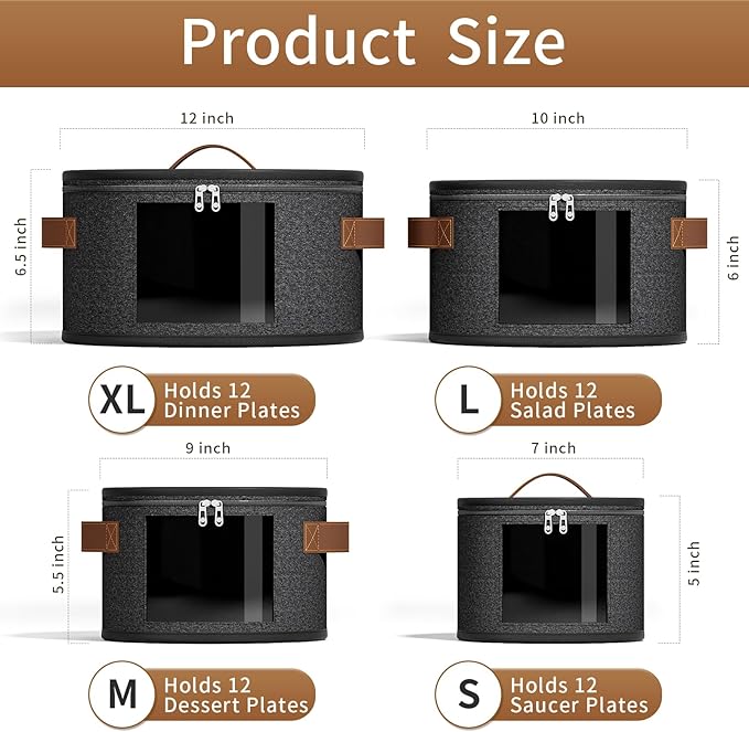 4 Piece China Storage Containers, Dish Storage Containers with Clear Windows, Hard Shell Plate Organizer with Handles, Stackable Moving Boxes for Dishes, Glassware, Dinnerware, Plates, Dark Gray