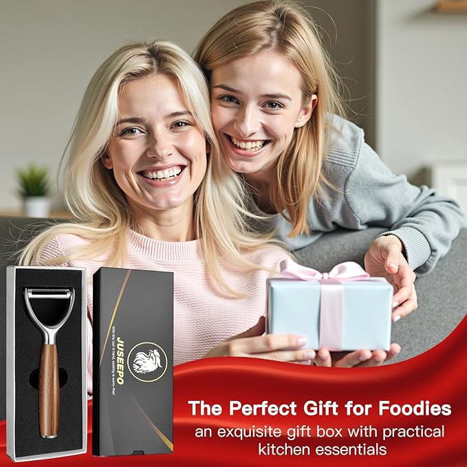 JUSEEPO Premium Vegetable Peeler, Y Type Swivel 304 Stainless Steel Blade Comfortable Solid Wood Handle, Practical gift for the home kitchen mom grandma for Veggie, Fruit, Potato(Merbau)
