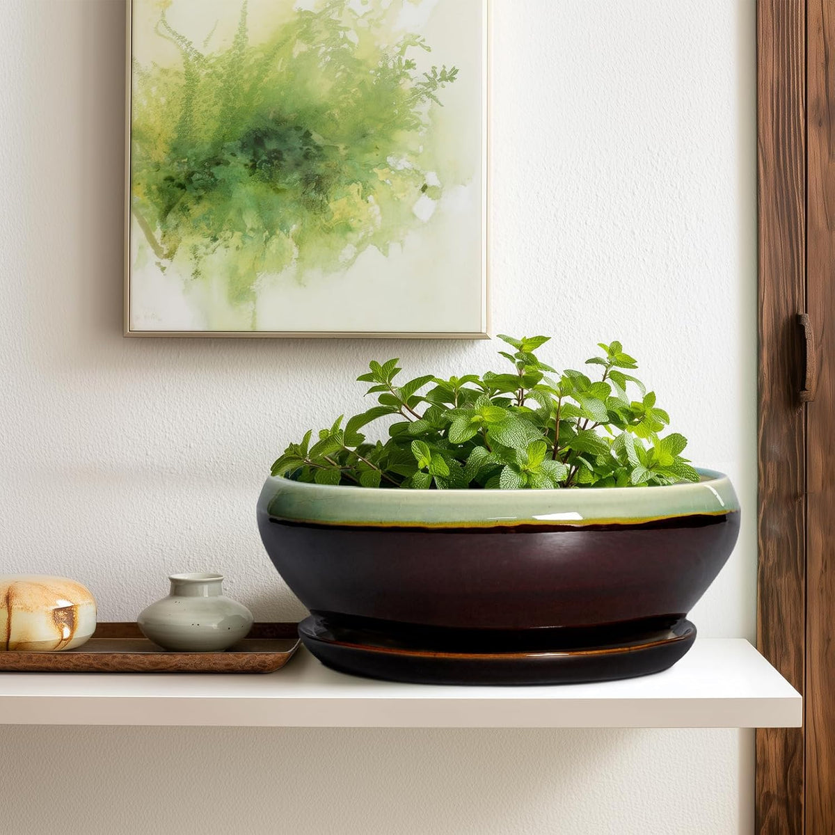 SQOWL Bonsai Pots 12 Inch - Large Ceramic Pots for Succulents with Drainage Hole and Saucer, Shallow Planter for Indoor Plants Outdoor, Round Planter Bowl, Office Decor, Gifts for Women, Green-Brown