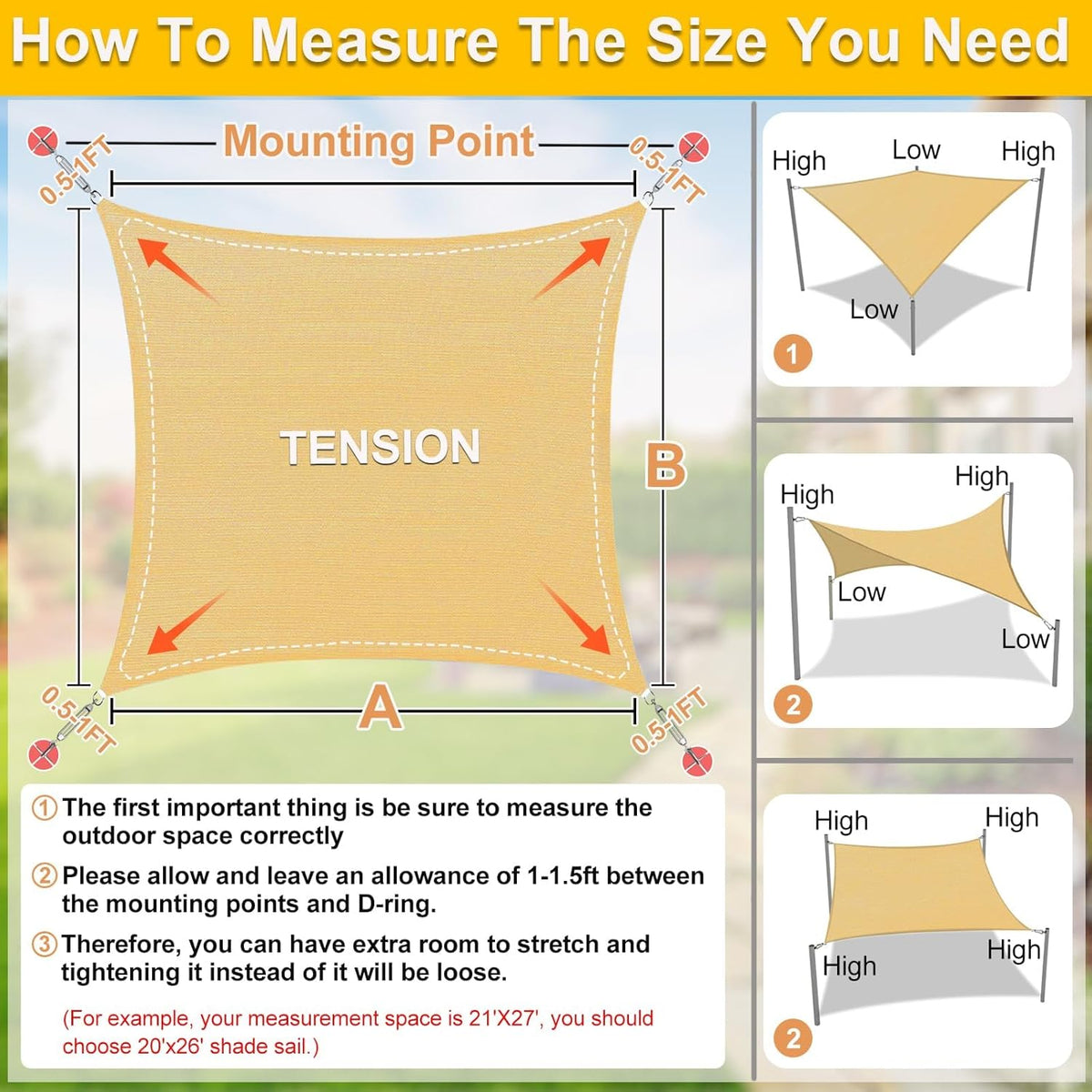 KANAGAWA Sun Shade Sail Curved 24'X24' Sand Rectangle Outdoor Shade Cover UV Blovk Canopy for Patio Garden Backyard Heavy Duty Permeable 185GSM (We Make Custom Size)