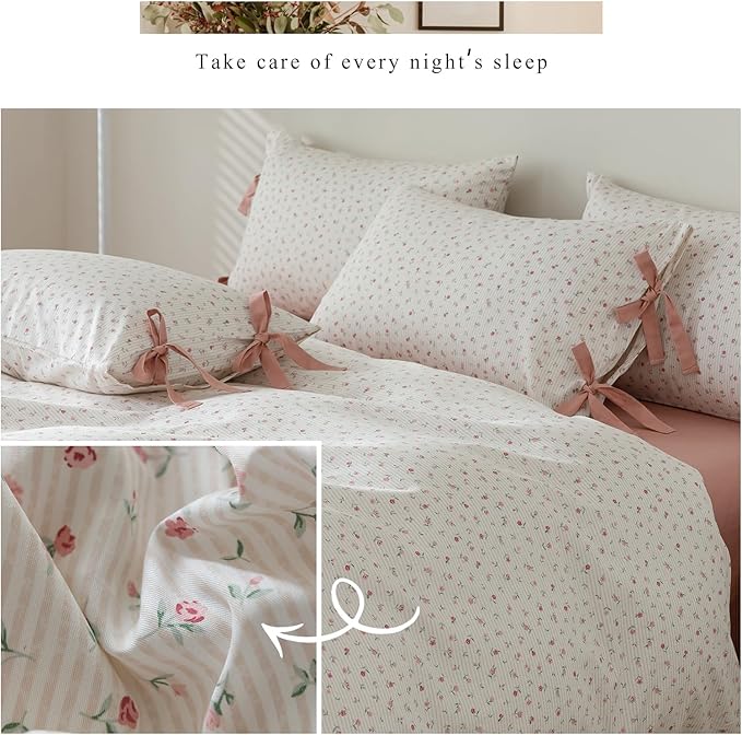 Girls Pink Floral Comforter Set Queen 3 Pieces Floral Cottagecore Bedding Comforter with 2 Bowknot Pillowcases Soft Fluffy Pink Stripes Bedding Set Aesthetic Cute Flowers Comforter Set for Girls Women