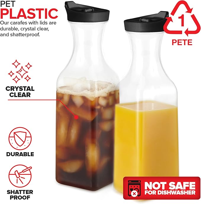 50oz Plastic Juice Carafe with Black Lids (4 Pack) 50 oz Carafes for Mimosa Bar, Drink Pitcher with Lid, Milk Container, Clear Beverage Containers for Fridge, Pantry Storage, Square Pitchers