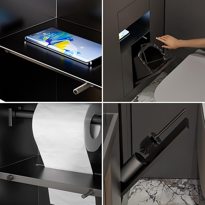 Recessed Bathroom Trash Can & Toilet Paper Holder Tile-Friendly Built-in Hidden Garbage Bin Stainless Steel Recessed Storage Cabinet Shower Nich for Toilet Bathroom Hotel,E