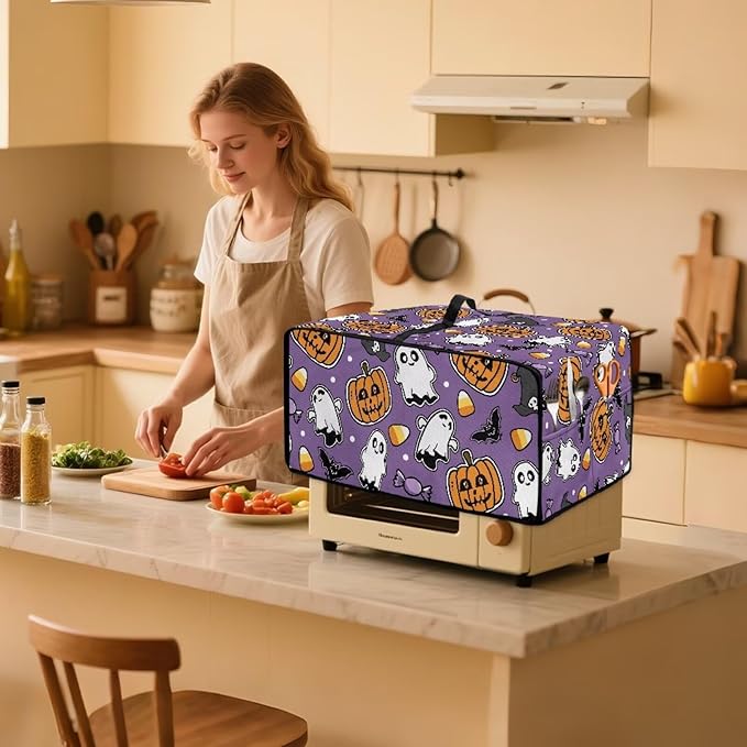 Air Fryer Toaster Oven Cover with Side Pockets, Protective Electrical Appliance Cover Kitchen Countertop Accessories, M, Ghost Pumpkin Bat Candy Violet Halloween Decor