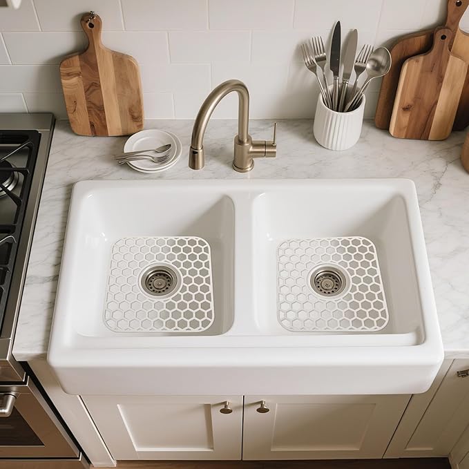 Bestjing 2 Pack Silicone Sink Protectors for Kitchen Sink - 12" x 11" Kitchen Grid Accessory, Non-Slip Heat-Resistant Mat for Bottom of Porcelain Stainless Steel, Dishwasher Safe (White)