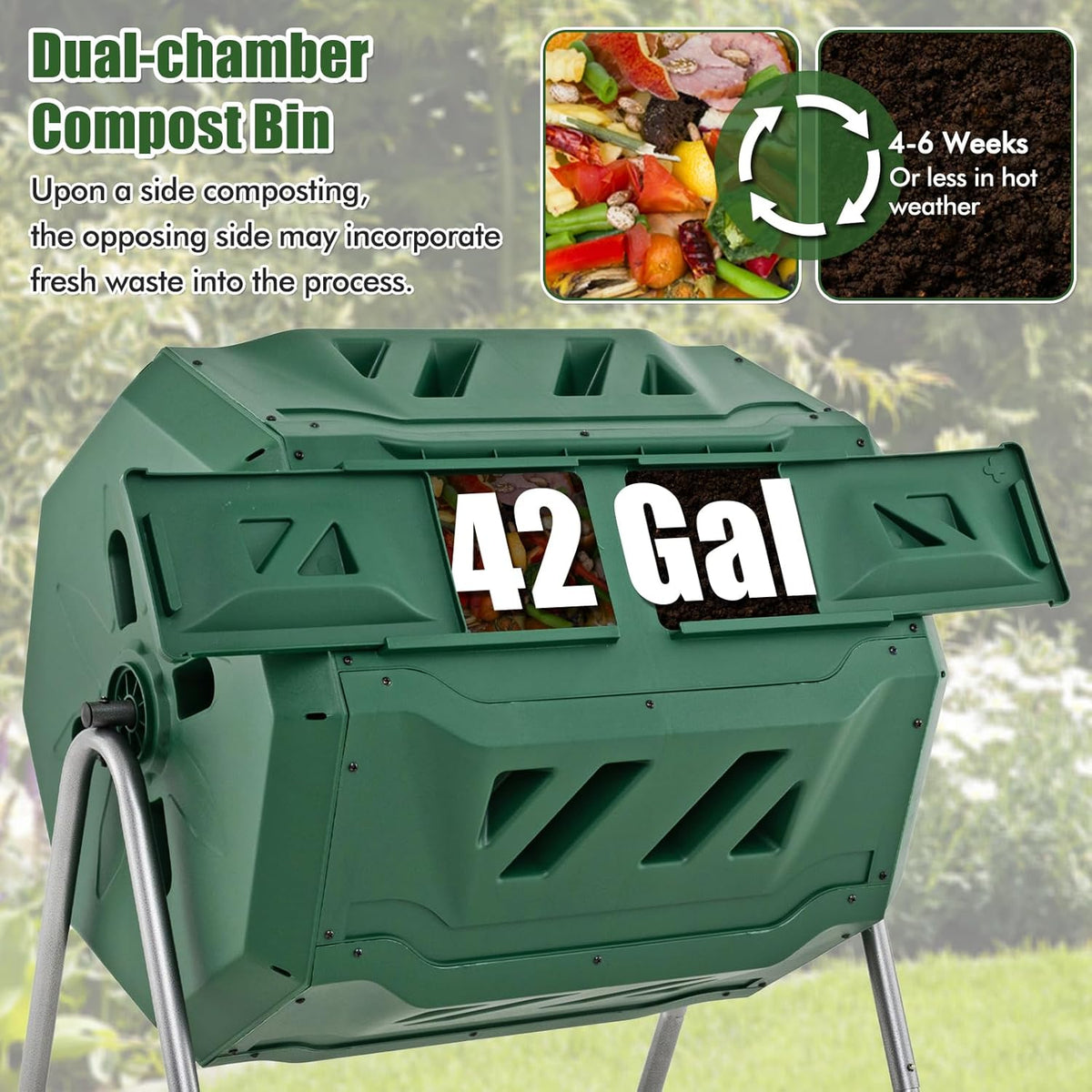 Goplus Compost Tumbler, 43 Gallon Rotating Compost Bin Barrel, Dual Chamber Tumbling Composter with Sliding Door, Gloves, Aeration System for Outdoor, Garden, Yard