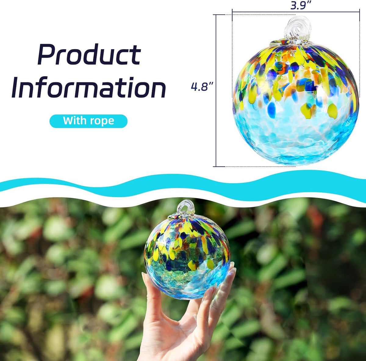 VOREEN 4" Hanging Glass Garden Gazing Ball Hand Blown Glass Witch Ball Christmas Ornament Friendship Balls for Outdoor Garden Patio Window Home Décor, Gift for Mom Wife Friend, Blue Ocean