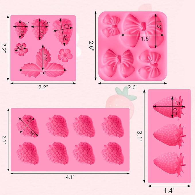 JOERSH 4PCS Strawberry Fondant Molds, Bow Fondant Silicone Molds, Fruit Baking Mold for Cake Decorating, Cupcake Topper, Chocolate, Candy, Candle, Clay