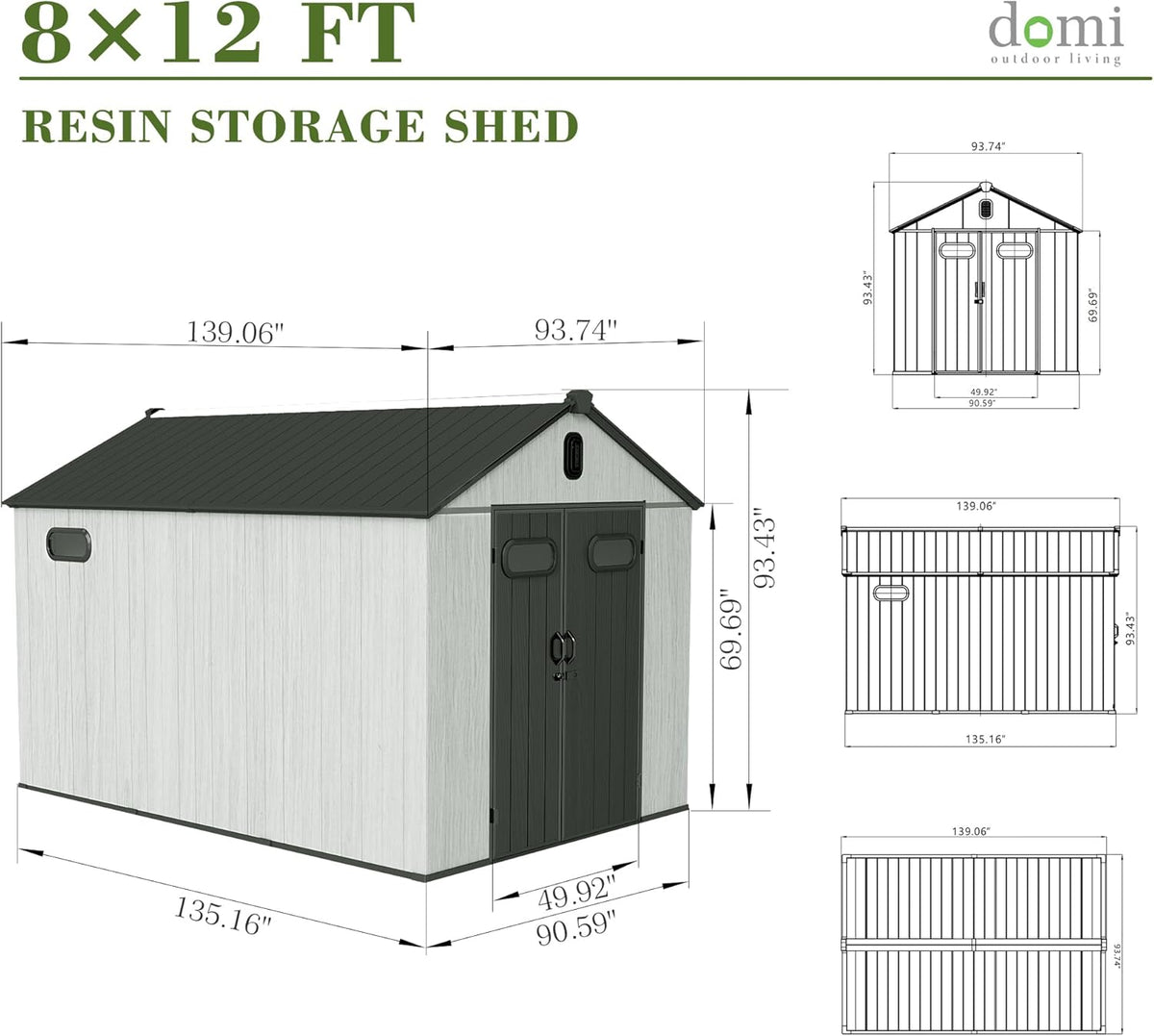 Domi 8x12FT Outdoor Resin Storage Shed with Transparent Windows & Louvered Vents, Plastic Tool Shed with Double Lockable Doors & Gable Roof, Outside Garden Shed for Backyard, Patio, Lawn, Grey