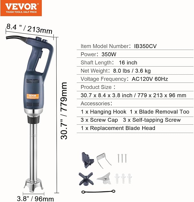 VEVOR Commercial Immersion Blender, 350W Heavy Duty Hand Mixer, 16 inch Stepless Variable Speed Mixer with Stainless Steel Blade, Multi-Purpose Portable Mixer for Soup, Sauces, Mashed Potatoes, Cream