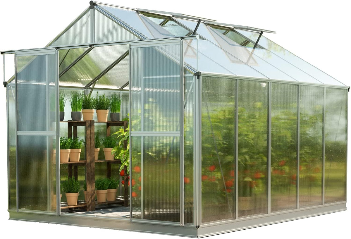 Greenhouse Topas 5 Aluminum Frame 7.4 x 10.6 ft Approx. 8 mm Polycarbonate Panels - with Bonus Base Frame and Automatic Vent Opener