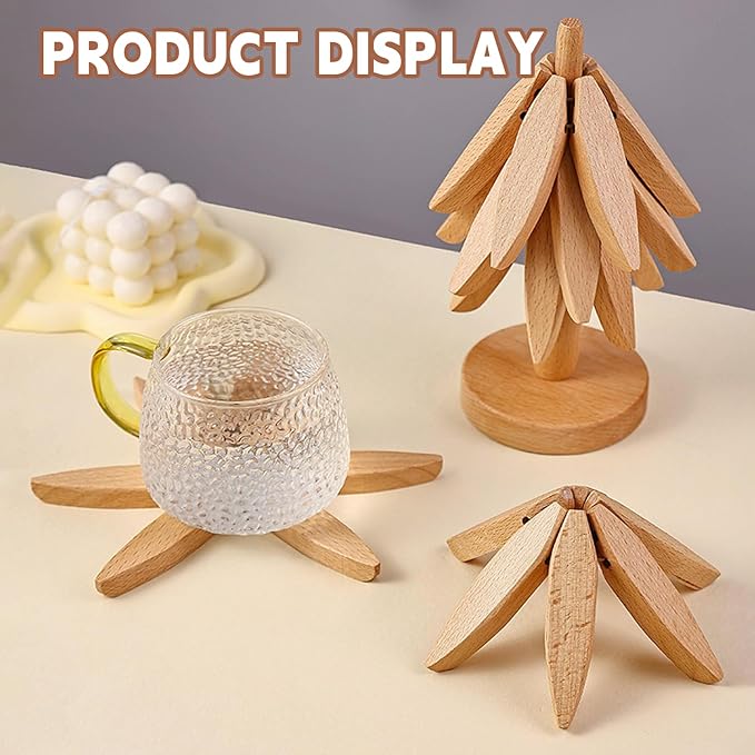 Natural Foldable Black Walnut Wooden Trivet Set - 4 Trivets + 1 Stand for Hot Dishes, Pot, Bowl, Teapot, Hot Pot Holders (White ﻿)