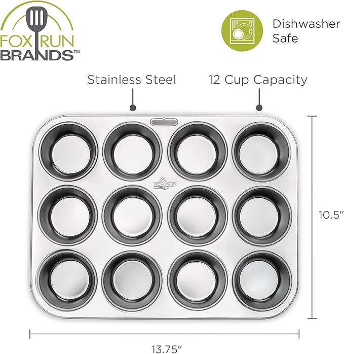 Fox Run Muffin and Cupcake Pan, 12 Standard Cup Stainless Steel Muffin Pan