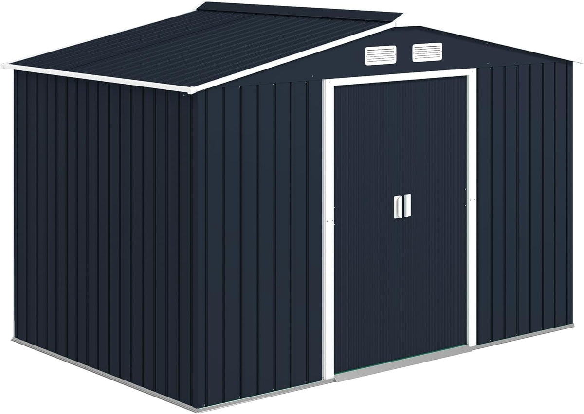 Outsunny 9' x 6' Outdoor Storage Shed, Garden Tool Metal Shed with Foundation Kit, Double Lockable Door, Air Vents and Sloping Roof, for Backyard, Patio, Lawn, Dark Gray