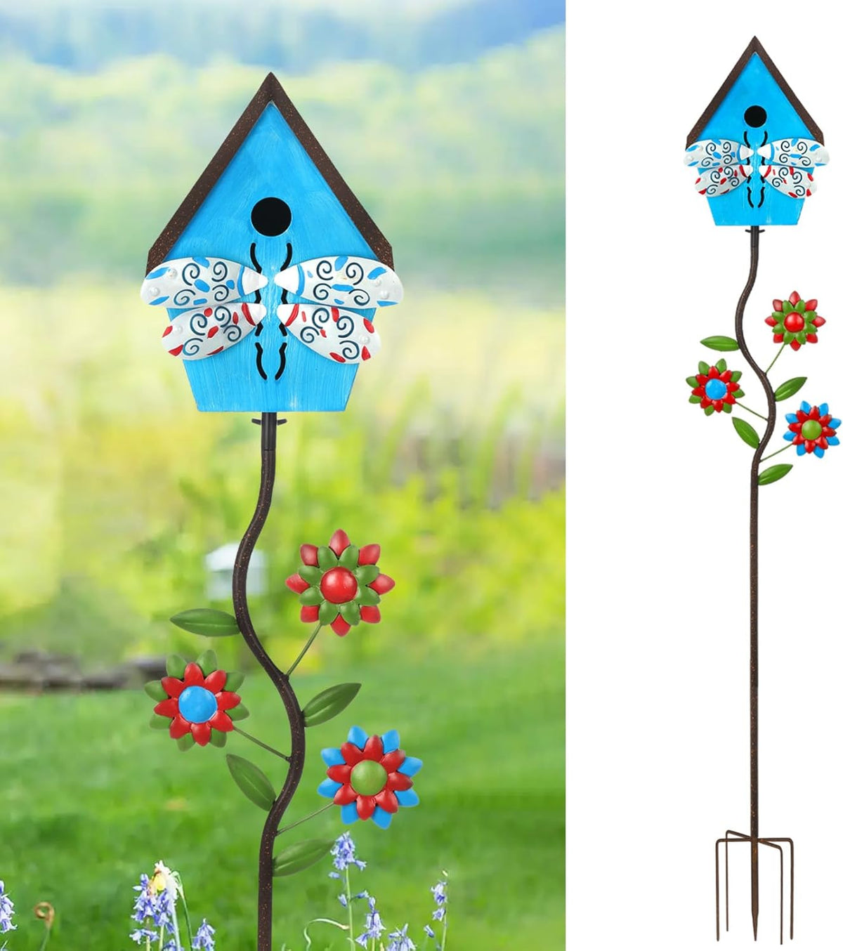 51” Bird Houses Stake for Outside, Metal Wild Bird Feeder Birdhouse Stake Pole with Dragonfly Design Outdoor Decorations for Patio, Backyard, Garden