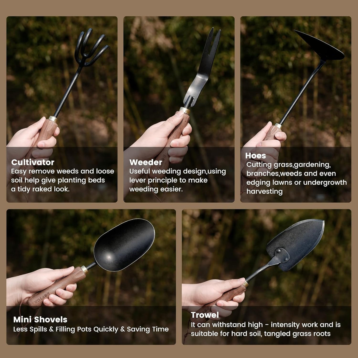 Garden Tool Set,5Pcs Gardening Tools,Stainless Steel Heavy Duty Hand Cultivator, Hoes，Shovel, Trowel and Weeder with Ergonomics Walnut Handle，Gardening Gifts for Women