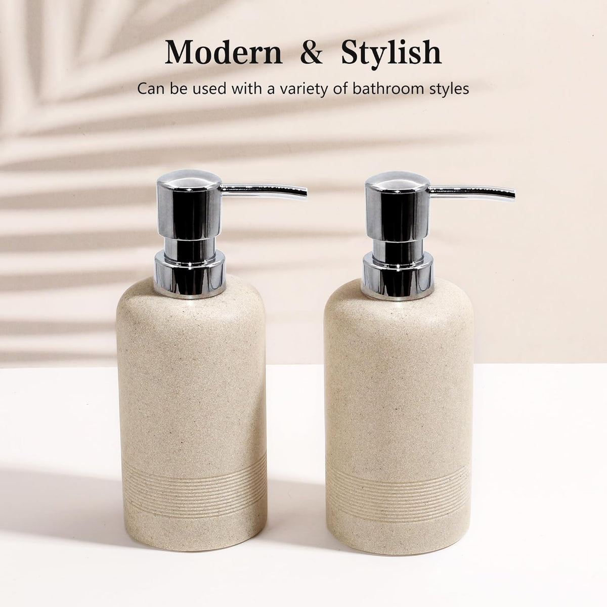 Resin Soap Dispenser Sets, 2 Pcs Heavy Lotion Dispensers,10.8oz Refillable Liquid Soap Dispensers with Rust-Proof Pump for Bathroom Countertop or Kitchen, Stone Beige