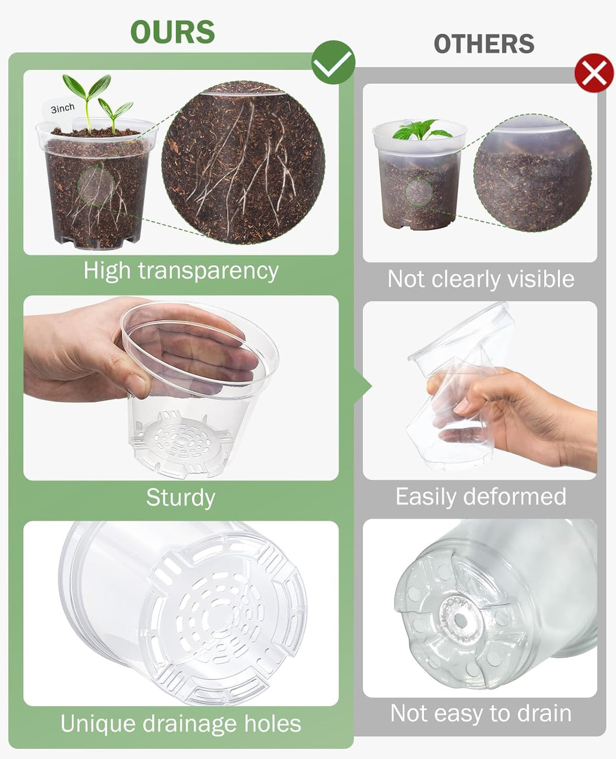 homenote Clear Nursery Pots for Plants,4 Inch Plant Pot for Planting with Humidity Domes Plastic Seedling with Drainage Holes Seed Starter Flower High Transparency (30 Pack)