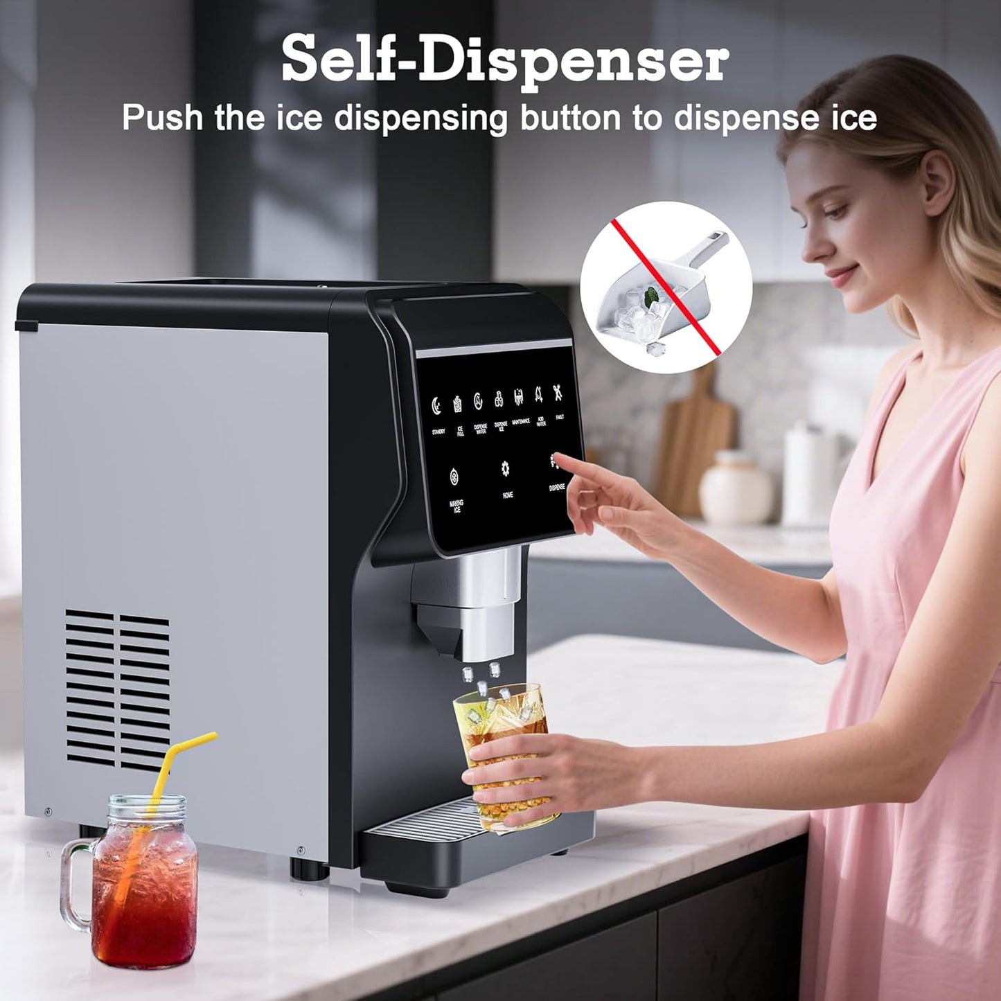 Nugget Ice Maker 66Lbs/24H Chewable Pellet Ice Machine, Built-in 6lbs Ice Storage, Self-Cleaning Function,Stainless Steels Ice Machine for Home,Office,Party,RV