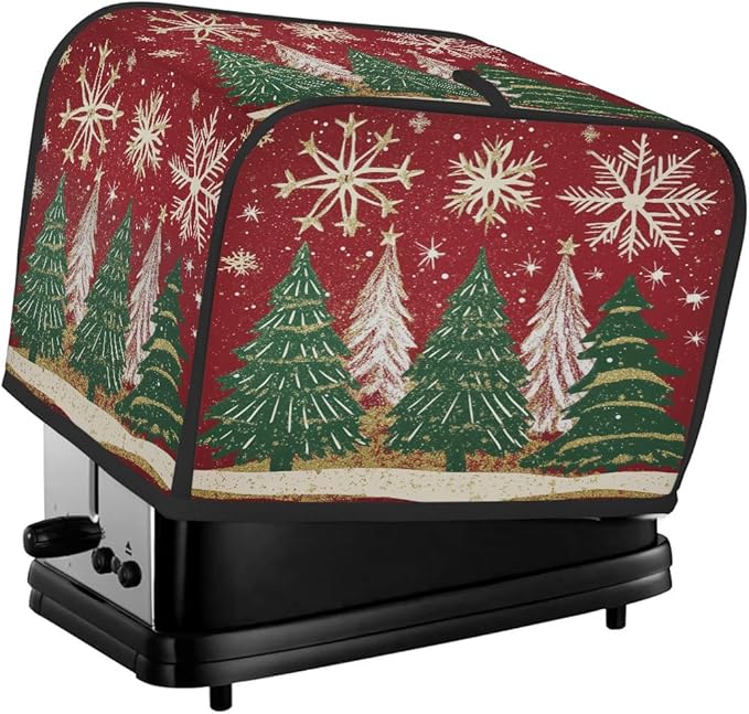 2 Slice Toaster Cover,Christmas Tree Snowflakes on Red Small Kitchen Appliance Bread Machine Cover with Pockets,Dust & Fingerprint Protection