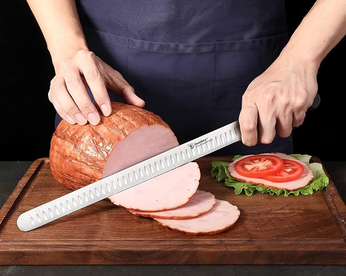 12 Inch Carving Knife with Razor Sharp Granton Edge for Brisket BBQ Meat and Turkey Cutting – Stainless Steel Blade with Ergonomic POM Handle – Long Slicing Knife for Kitchen and Grill