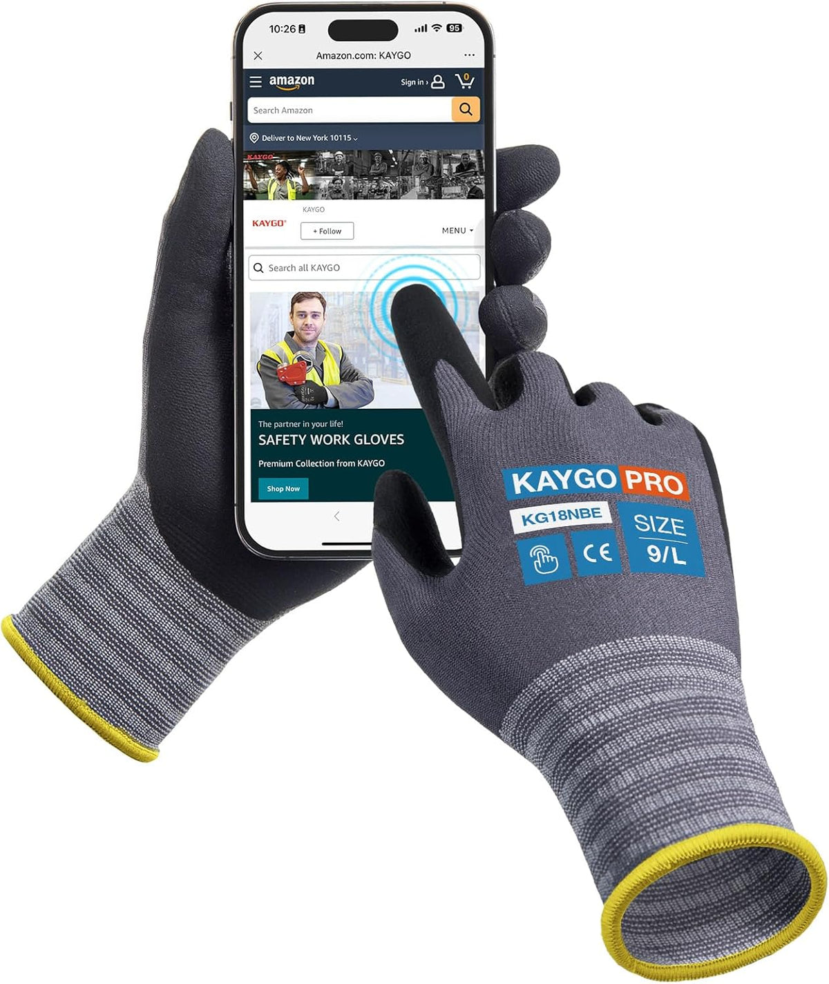 KAYGO Safety Work Gloves MicroFoam Nitrile Coated, 12 Pairs KG18NB,Seamless Knit Nylon Glove with full fingers Touchscreen, Ideal for General Purpose,Automotive, Black,L