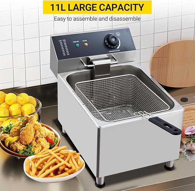 GarveeHome Commercial Deep Fryer 11 L/3.3 gal 1700W,110V|6 LB Basket with 304 Stainless Steel & Rapid Heating System | Splash Guard Lid for Restaurant, Food Truck, Home Kitchen