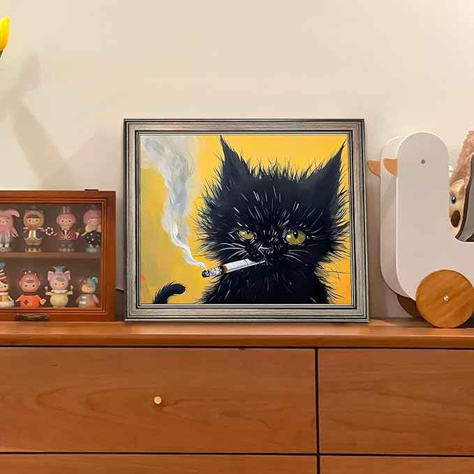 Famed Vintage Black Cat Portrait Wall Art Cat Print Poster for Room Aesthetic Mens Bathroom Bedroom Living Room Decor
