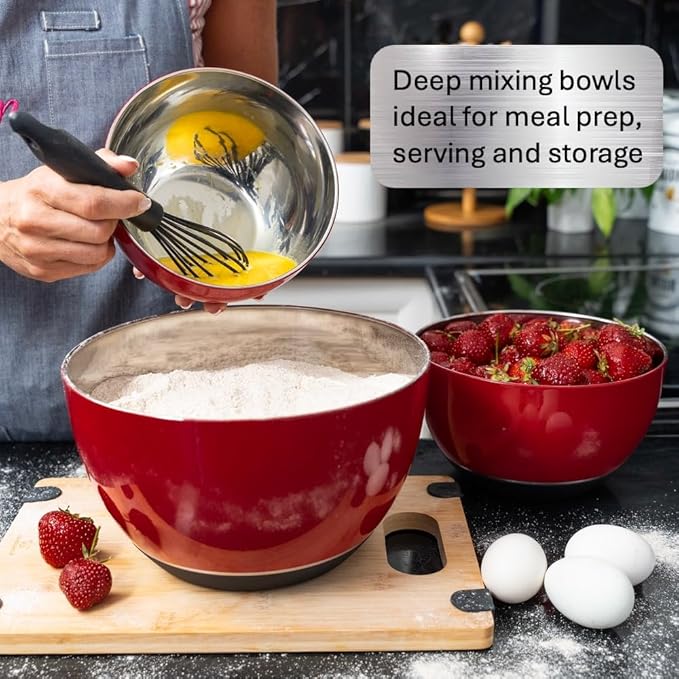 WHYSKO® Stainless Steel Mixing Bowls (Set of 3) with Non-Slip Silicone Base for Kitchen, Dishwasher Safe Bowls for Meal Prep, Cooking, Baking, Serving, Food Storage (Red)