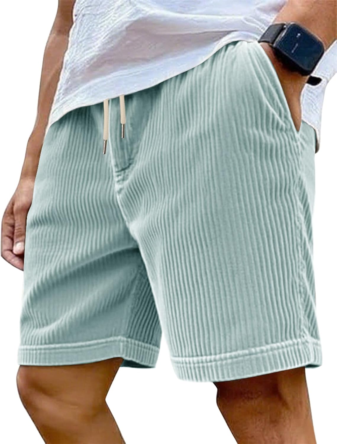 Mens Cargo Shorts Casual Drawstring Elastic Waist Corduroy Summer Beach Shorts with Pockets