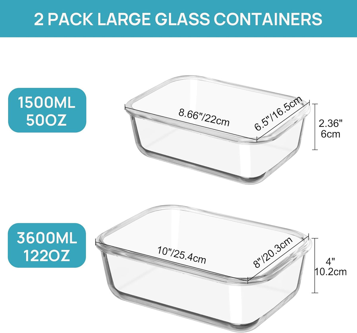 Vtopmart 122oz+50oz Large Glass Food Storage Containers with Airtight Lids, Big Glass Containers for Roasting Chicken, Baking Casseroles, Food Storage, Meal Prep, Fruits, Thanksgiving Meals, BPA-Free