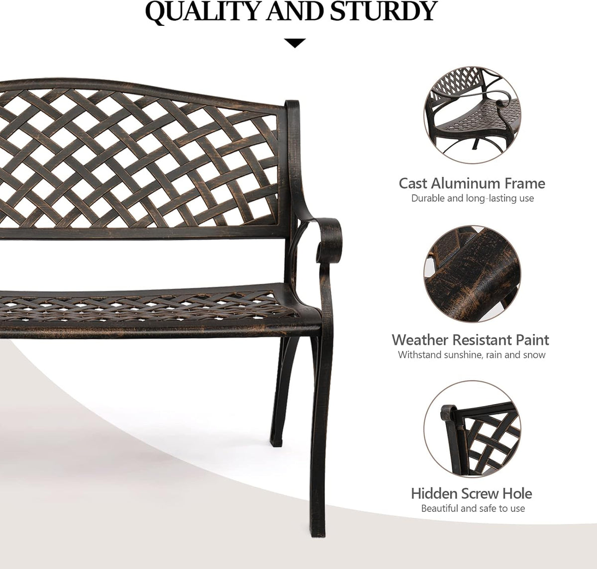 VINGLI 40.5" Patio Garden Bench,Anti- Rust Cast Iron Cast Aluminum Frame for Outdoor Path Yard Lawn Work Entryway Decor Deck (Brown)