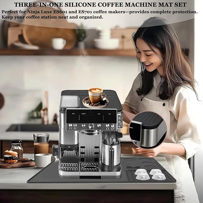 3-in-1 Silicone Coffee Machine Mat,for Ninja Luxe ES601 and ES701 Models: 24“ × 16” Coffee Machine Mat + Espresso Tamper Mat + Top Mat, Made from Food-Grade Silicone. Coffee Machine Accessories.