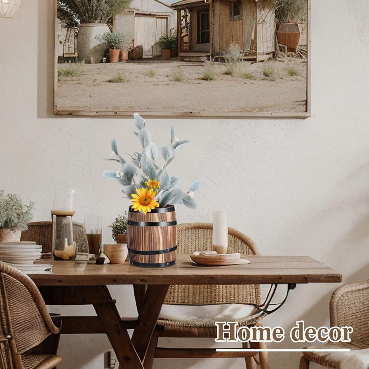 4 Pcs Wood Wine Barrel Vase 8" x 6.5" Vintage Flower Vase Container Rustic Barrel Planter for Wedding Reception Table Decoration Home Indoor Outdoor Garden Kitchen Party