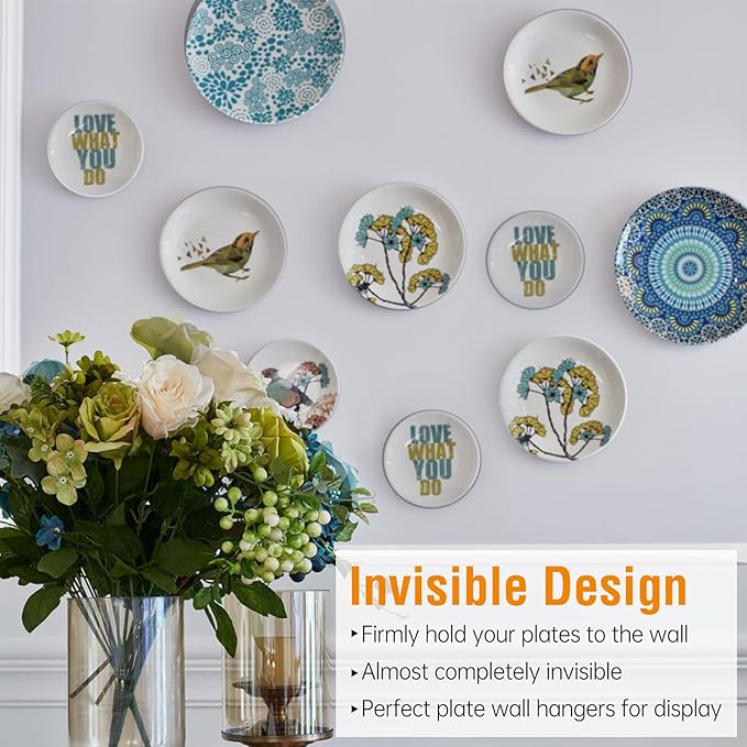 Bilillo 14 Pcs Plate Hangers for Wall - 8/10/12/14/16 Inch Invisible Plates Hanger, Stainless Steel Plate Holders with 14 Pieces Wall Hooks for 7.5 to 19.5 Inch Decorative Plates and Arts (Black)
