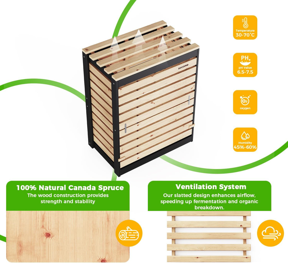 95 Gallon Solid Wood Composter, Outdoor Compost Bin with Pull-Out Door, Large Composting Bin for Backyard, Garden, Patio, Natural