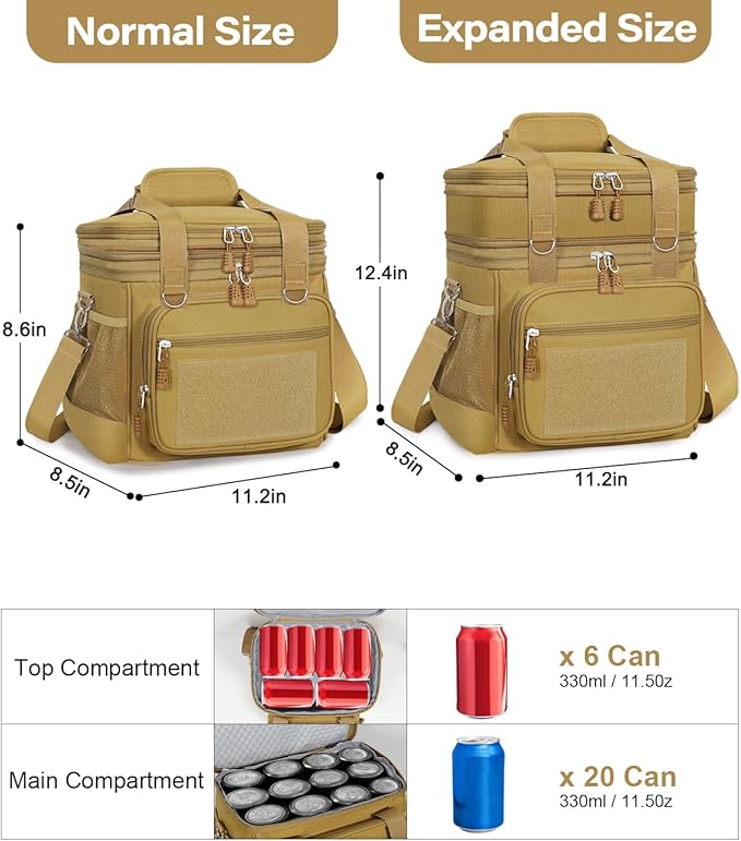 GLENKEY Tactical Lunch Box Cooler Bag - Expandable Insulated Lunch Bag for Men Women - Large Lunchbox for Adults Work Shifts Outdoor Trips Brown 16L
