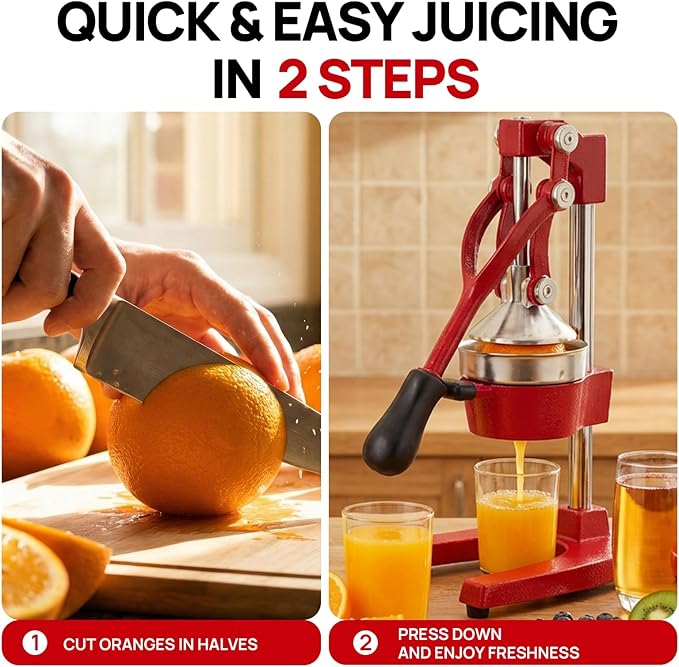 Kitchen Cast Iron Citrus Juicer,Manual Hand Press Orange Juicer,Heavy Duty Countertop Squeezer for Lemon,Orange, Easy to Use & Clean（Red)