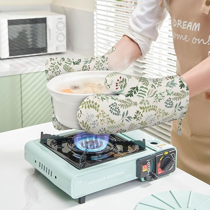 Wildflowers Herbs and Leaves Oven Mitts and Pot Holders Sets Silicone Beige Floral Kitchen Oven Mitts Hot Pads Heat Resistant Potholders Kitchen Mitts Set for Baking BBQ Cooking