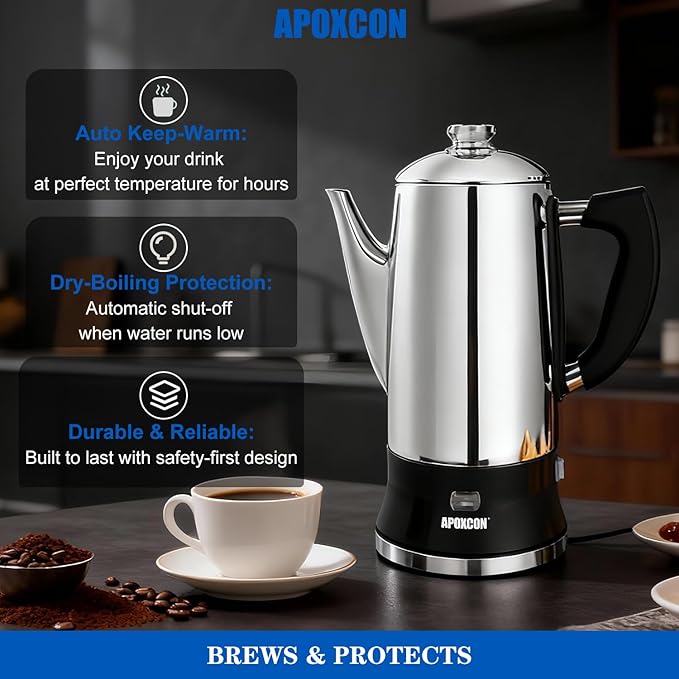 APOXCON Electric Coffee Percolator Stainless Steel Coffee Maker with Clear Brew Progress Tough Glass Knob and On/OFF Switch Classic Coffee Pot with Keep Warm & Cordless Serve No Aluminum (12 Cup)