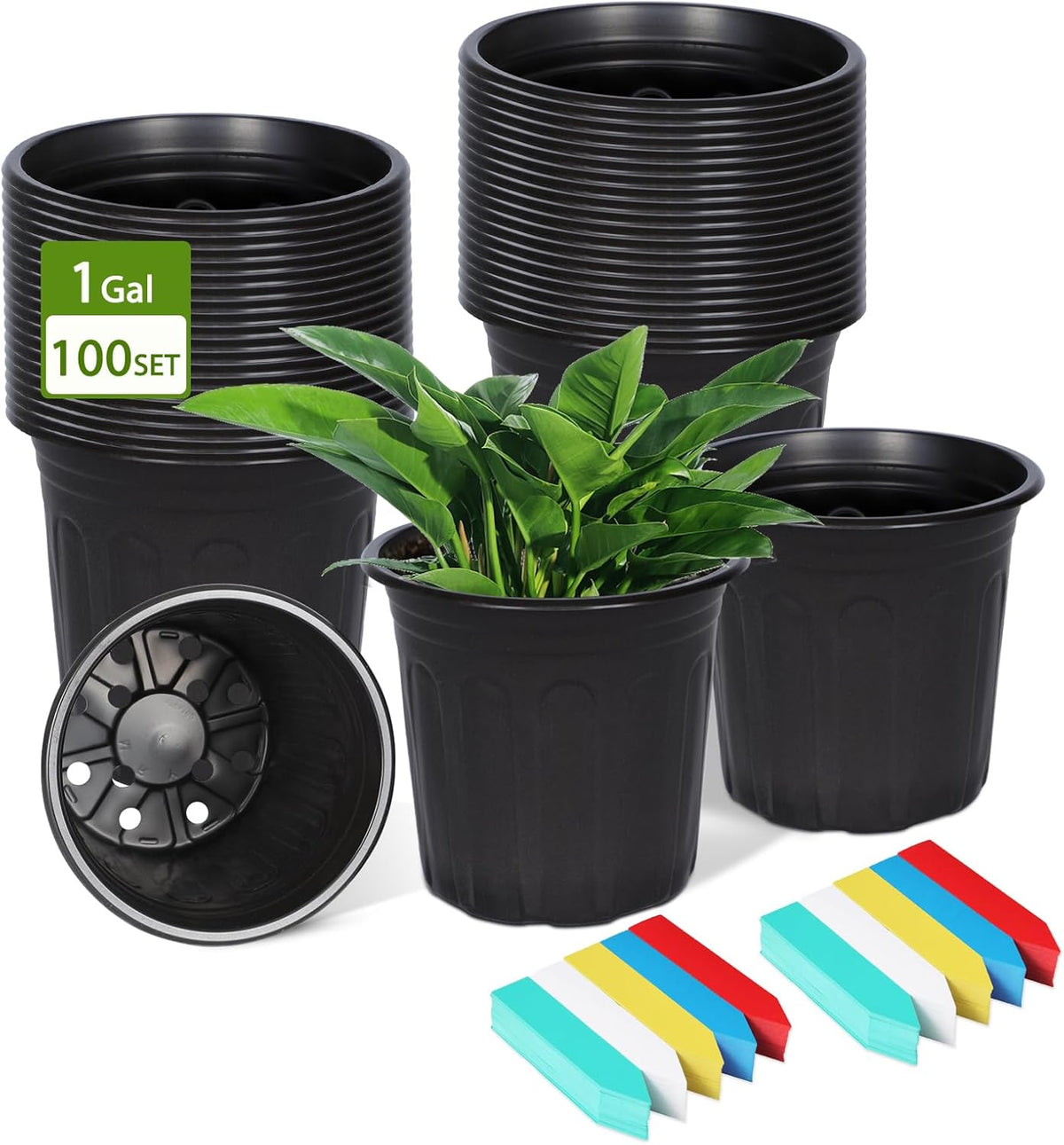 DI QIU REN 100-Pack 1 Gallon Flexible Plant Nursery Pots, Plastic Flower Pots Seedling Pots with 200Pcs Plant Labels, Plastic Plant Pots with Drainage Holes for Plants, Cuttings, Transplanting