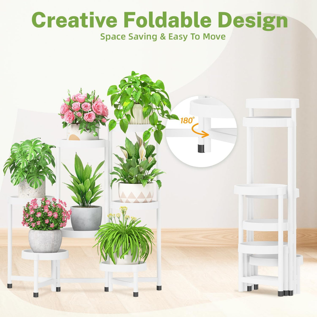 iDavosic.ly 7 Tier Folding Plant Stand Indoor Outdoor with Plastic Tray, Tiered Corner Flower Holder Shelf, Metal Orchid Display Rack for Patio Porch Living Room Garden Balcony, White