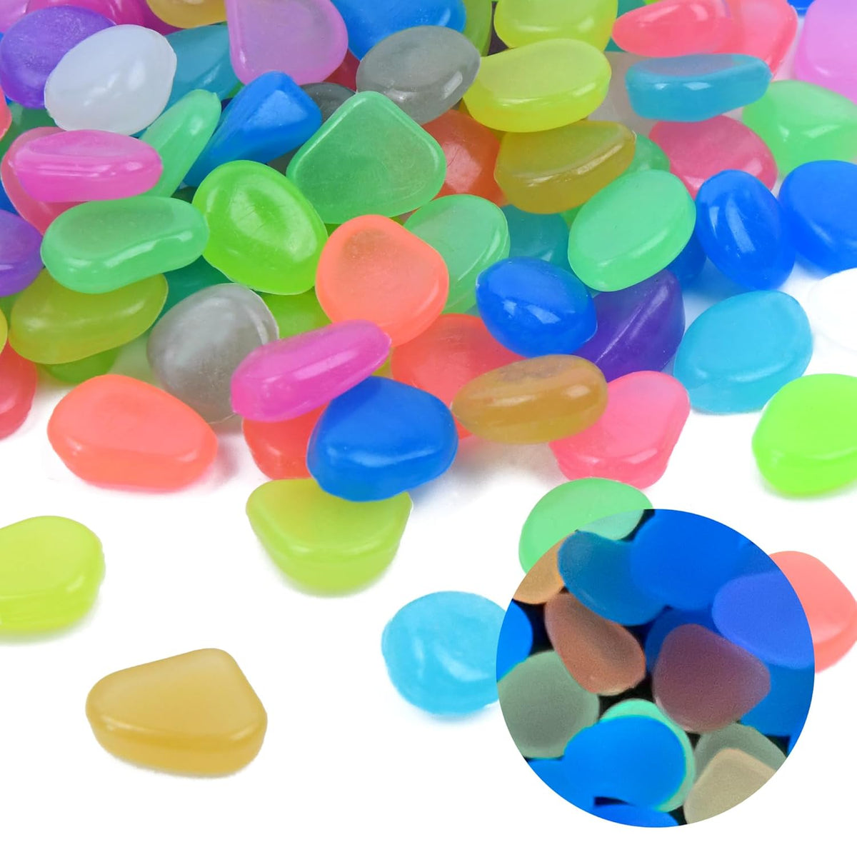 Oubest Glow in The Dark Rocks for Outdoor Landscaping Garden Stones, 0.8 Inch Glow Pebbles Luminous Stones Decorative Rocks for Vases Pathway Walkway Yard Patio Fountain Driveway, 150PCS, Multicolor