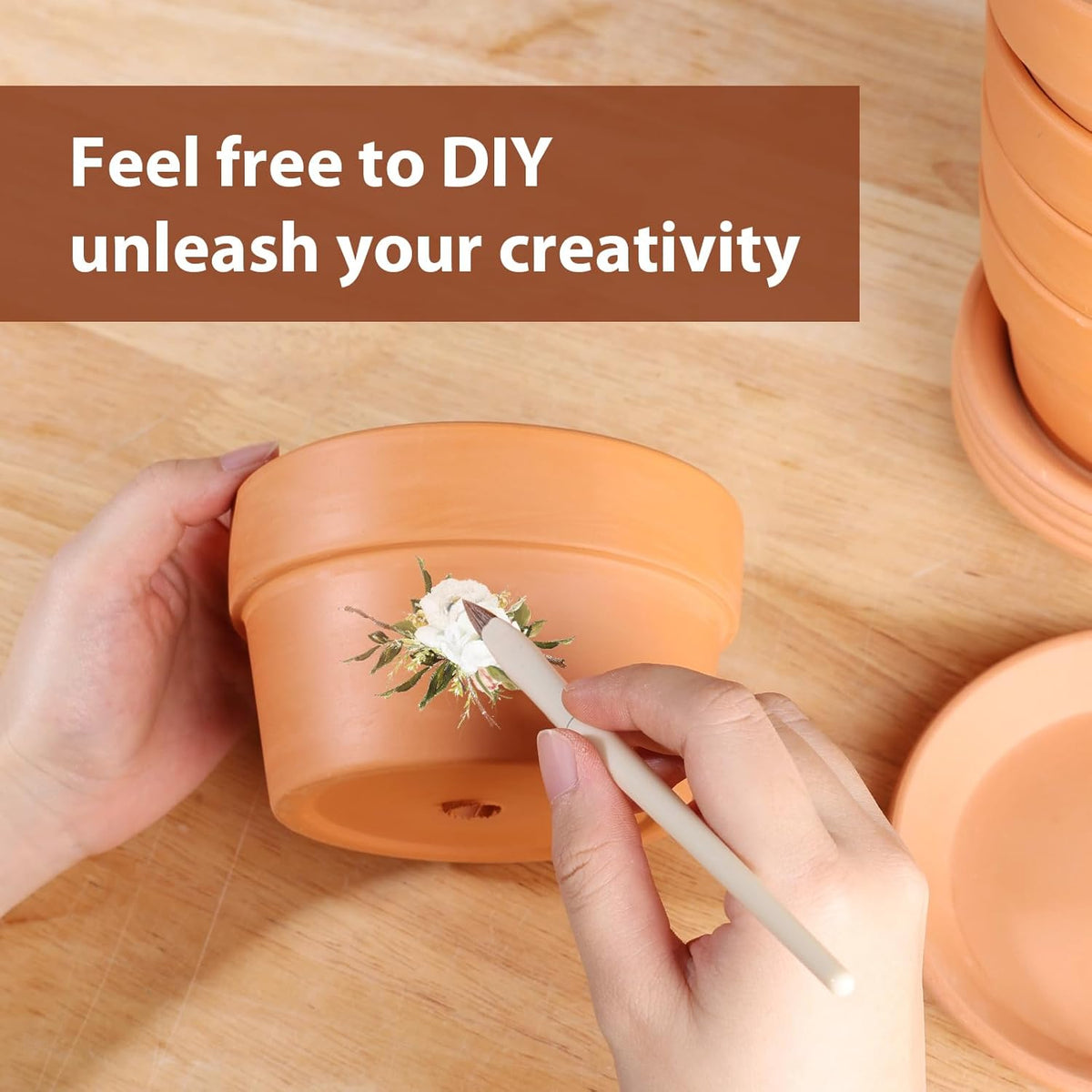INGOFIN 5 Inch Terracotta Shallow Pots Set with Saucer - Ceramic Clay Pots with Drainage Hole, Terra Cotta for Plants for Indoor Outdoor Plants, Set of 6