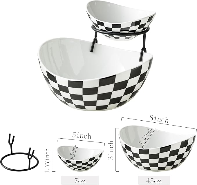 Miamolo Tiered Serving Bowls Chip and Dip Serving Set with Stand, Ceramic Appetizer Serving Dishes Platters and Trays for Parties Entertaining - Checkered Kitchen Decor